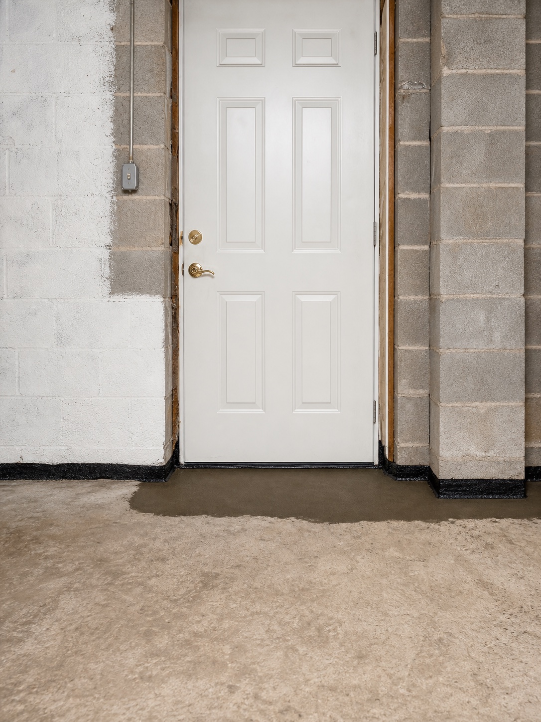 Straight-on view of waterproofing work around a basement entry and wall-floor perimeter