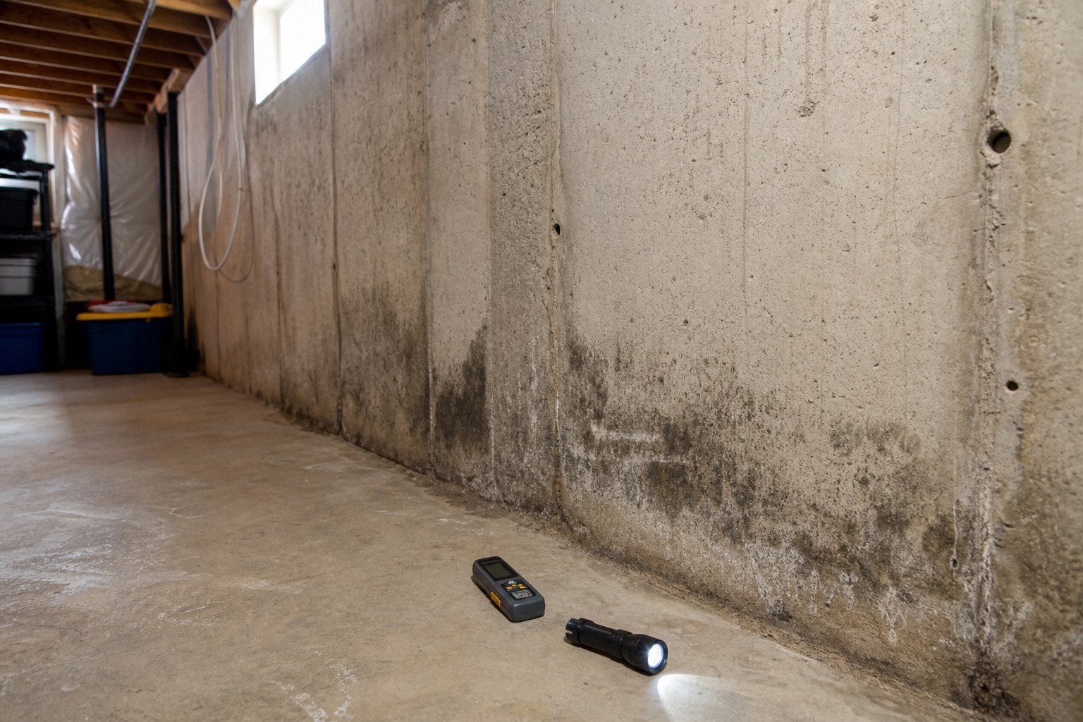 Moisture staining and growth along a basement wall with inspection tools nearby