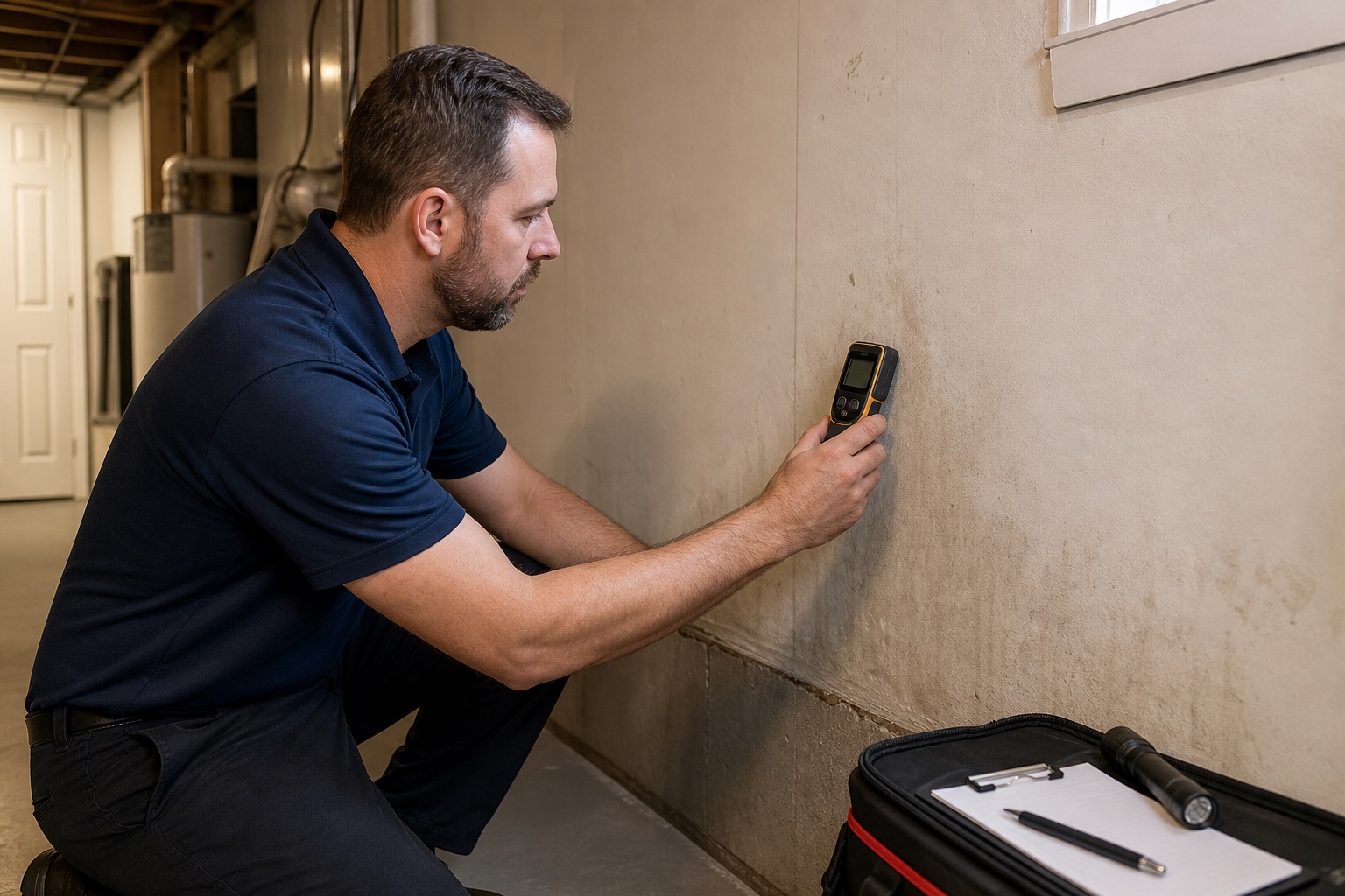 Basement specialist taking moisture readings on a stained wall during an assessment