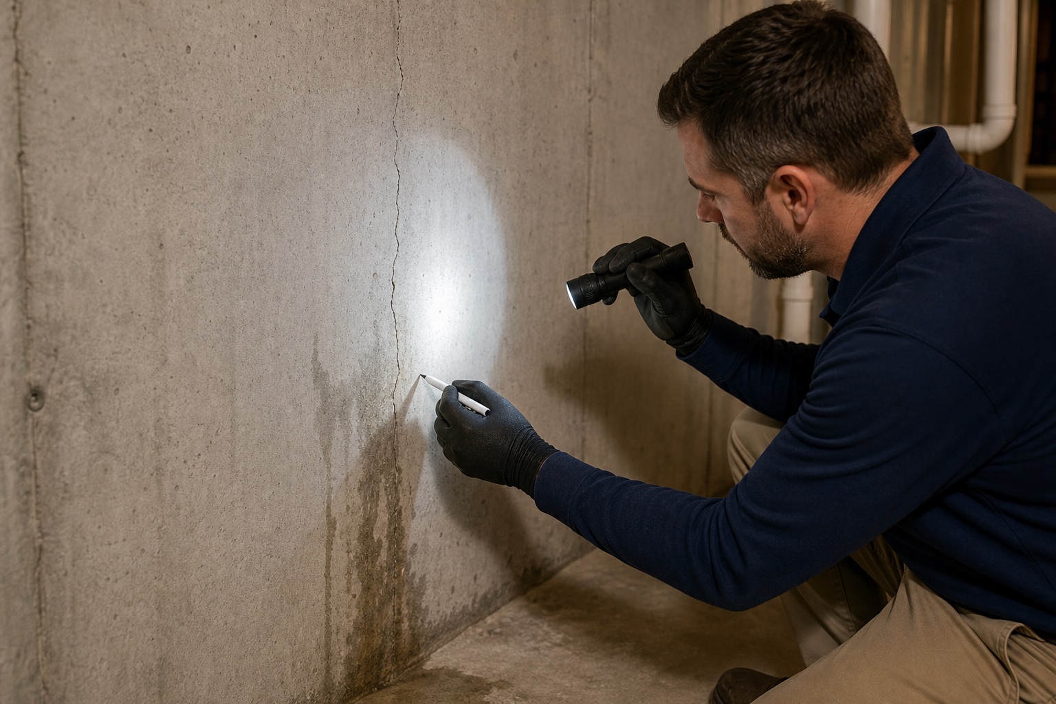 Basement specialist tracing a narrow foundation crack with a flashlight and inspection notes