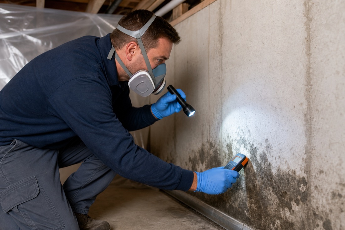 Protected mold-remediation specialist inspecting wall growth with a moisture meter