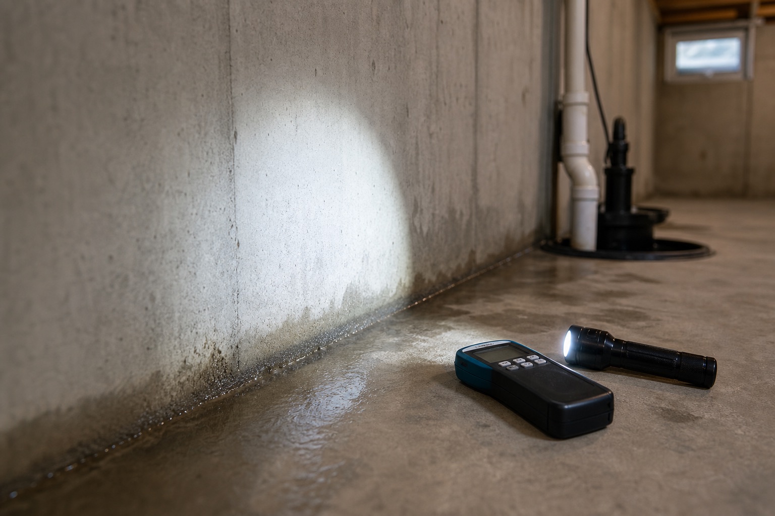 Moisture meter and flashlight used to trace basement water along a foundation wall