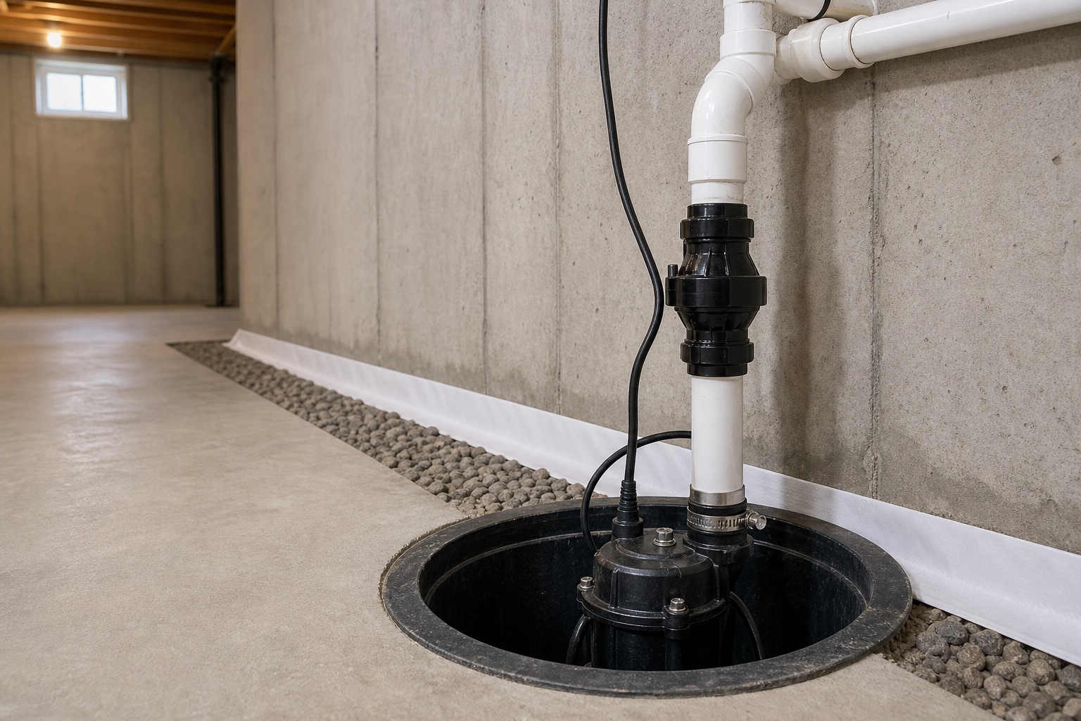 Installed sump pump, discharge piping, and check valve connected to an interior drainage channel